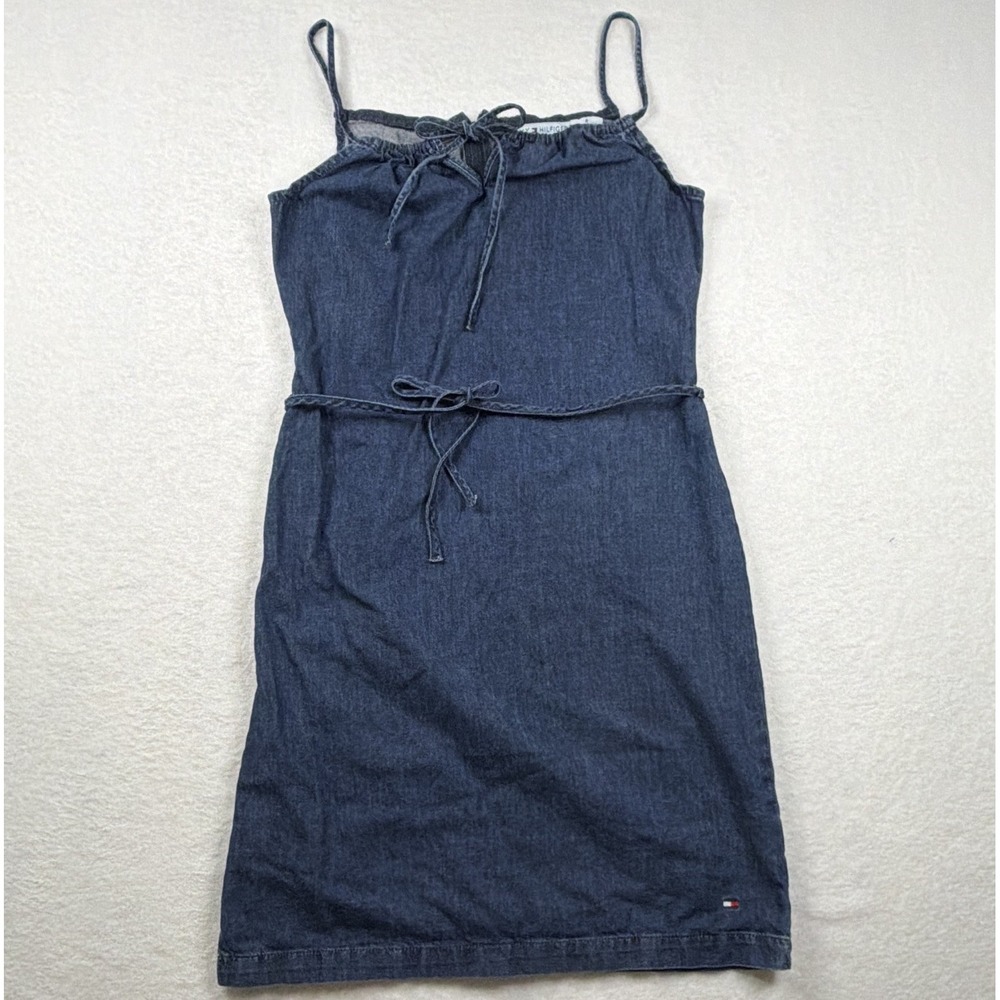 Tommy Hilfiger Jeans Y2K Denim Sheath Dress Blue Lace Up Tie Waist Sz 6